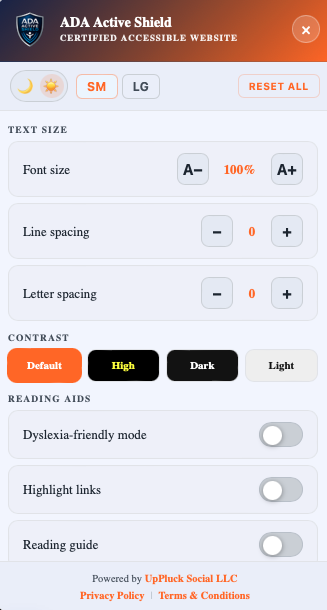 ADA Active Shield accessibility widget showing text size, contrast, and reading aid controls